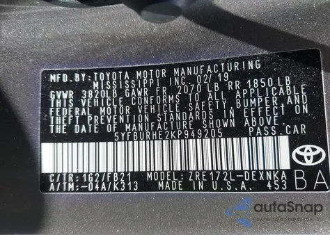 2019 Toyota Corolla Le z USA, uszkodzony, nr VIN 5YFBURHE2KP949205